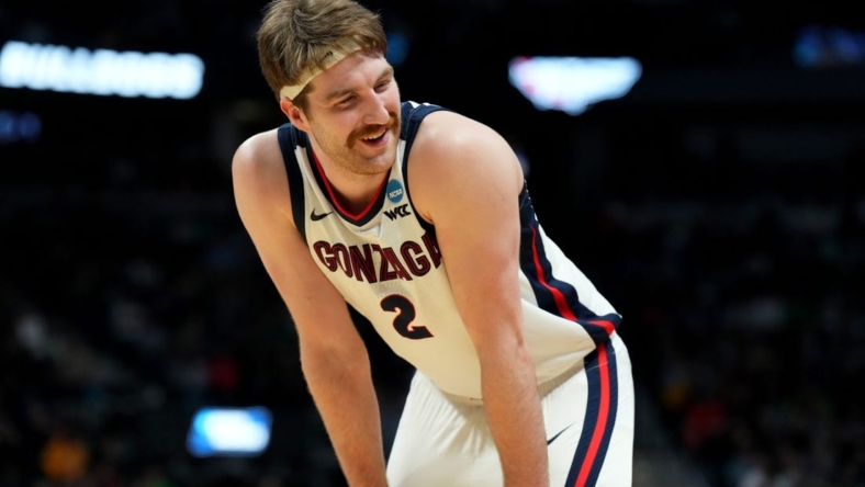 Mar 17, 2023; Denver, CO, USA; Gonzaga Bulldogs forward Drew Timme (2) reacts after a play during the first half against the Grand Canyon Antelopes at Ball Arena. Mandatory Credit: Ron Chenoy-USA TODAY Sports