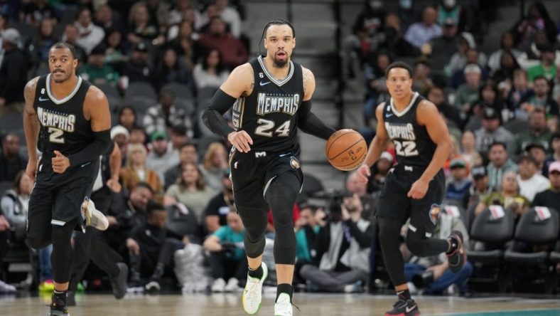 Mar 17, 2023; San Antonio, Texas, USA;  Memphis Grizzlies forward Dillon Brooks (24) brings the ball up the court in the first half against the San Antonio Spurs at the AT&T Center. Mandatory Credit: Daniel Dunn-USA TODAY Sports