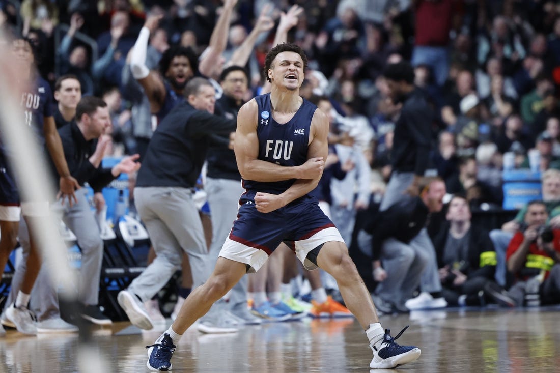 Mar 17, 2023; Columbus, OH, USA; Fairleigh Dickinson Knights guard Grant Singleton (4) reacts to play in the second half against the Purdue Boilermakers at Nationwide Arena. Mandatory Credit: Rick Osentoski-USA TODAY Sports