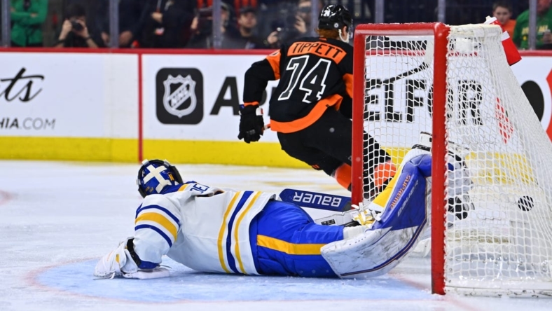 Mar 17, 2023; Philadelphia, Pennsylvania, USA; Buffalo Sabres goalie Craig Anderson (41) allows a hat-trick goal to Philadelphia Flyers right wing Owen Tippett (74) in the third period at Wells Fargo Center. Mandatory Credit: Kyle Ross-USA TODAY Sports