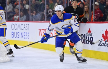 Mar 17, 2023; Philadelphia, Pennsylvania, USA; Buffalo Sabres center Dylan Cozens (24) in action against the Philadelphia Flyers in the third period at Wells Fargo Center. Mandatory Credit: Kyle Ross-USA TODAY Sports