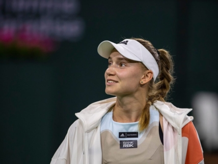 Elena Rybakina of Kazakhstan smiles to fans after defeating Iga Swiatek of Poland in their semifinal match at the BNP Paribas Open at the Indian Wells Tennis Garden in Indian Wells, Calif., Friday, March 17, 2023.