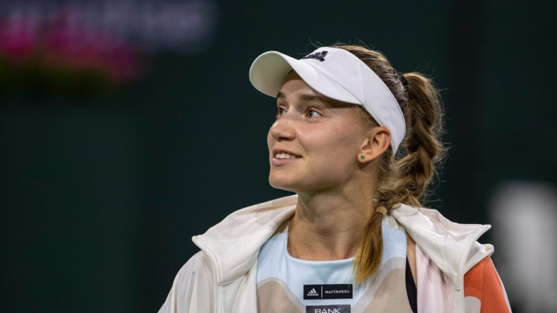 Elena Rybakina of Kazakhstan smiles to fans after defeating Iga Swiatek of Poland in their semifinal match at the BNP Paribas Open at the Indian Wells Tennis Garden in Indian Wells, Calif., Friday, March 17, 2023.