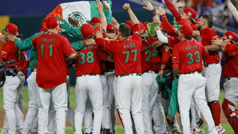 Mar 17, 2023; Miami, Florida, USA; Mexico players celebrate after winning the game against Puerto Rico at LoanDepot Park. Mandatory Credit: Sam Navarro-USA TODAY Sports