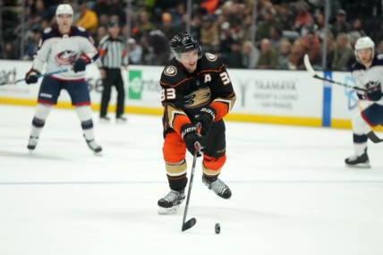 Mar 17, 2023; Anaheim, California, USA; Anaheim Ducks right wing Jakob Silfverberg (33) controls the puck against the Columbus Blue Jackets in the third period at Honda Center. Mandatory Credit: Kirby Lee-USA TODAY Sports