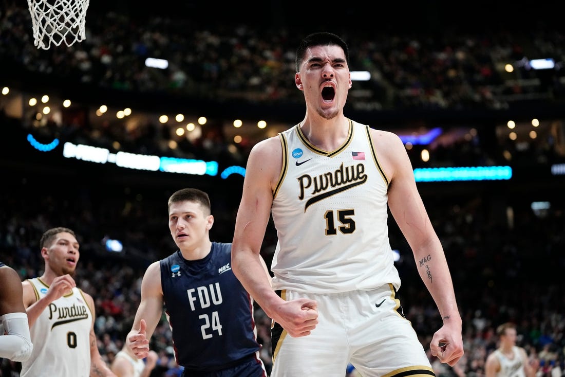 Mar 17, 2023; Columbus, Ohio, USA;  Purdue Boilermakers center Zach Edey (15) celebrates making a basket during the first round of the NCAA men   s basketball tournament against the Fairleigh Dickinson Knights at Nationwide Arena. Mandatory Credit: Adam Cairns-The Columbus Dispatch

Basketball Ncaa Men S Basketball Tournament