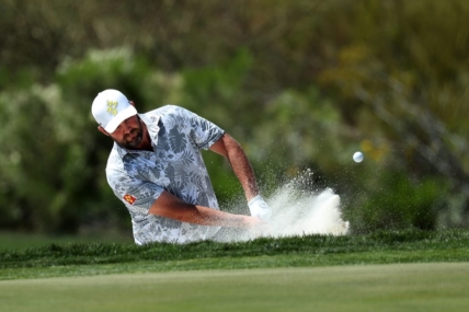 Mar 18, 2023; Tucson, Arizona, USA; Marc Leishman hits from the bunker of 9th hole during the second round of the LIV Golf event at The Gallery Golf Club. Mandatory Credit: Zachary BonDurant-USA TODAY Sports