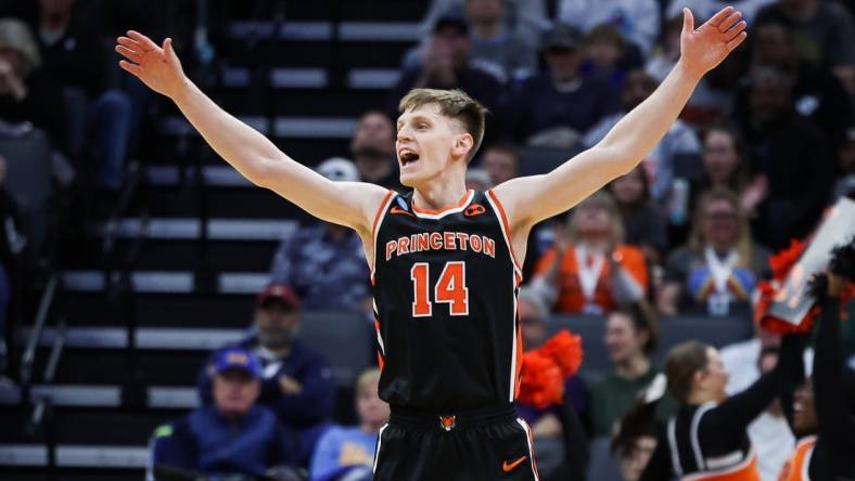 Mar 18, 2023; Sacramento, CA, USA; Princeton Tigers guard Matt Allocco (14) reacts during the first half against the Missouri Tigers at Golden 1 Center. Mandatory Credit: Kelley L Cox-USA TODAY Sports