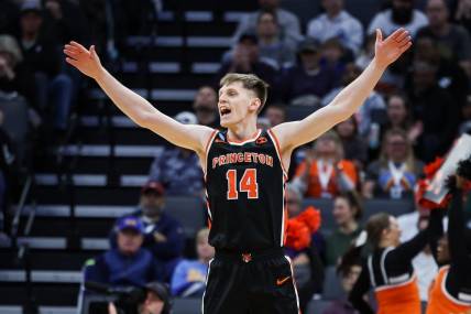 Mar 18, 2023; Sacramento, CA, USA; Princeton Tigers guard Matt Allocco (14) reacts during the first half against the Missouri Tigers at Golden 1 Center. Mandatory Credit: Kelley L Cox-USA TODAY Sports