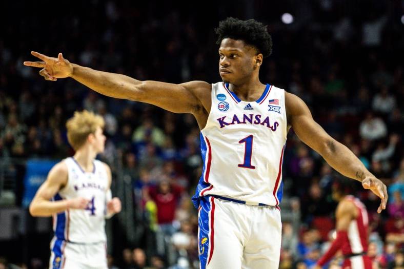 Kansas guard Joseph Yesufu celebrates a 3-pointer during an NCAA men  s basketball tournament second round basketball game on Saturday, March 18, 2023, at Wells Fargo Arena, in Des Moines, Iowa.