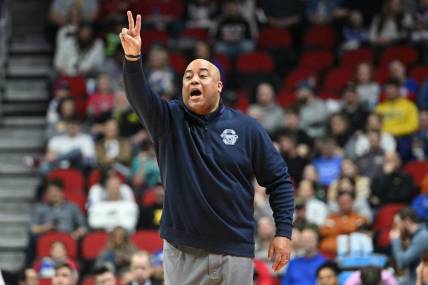 Mar 18, 2023; Des Moines, IA, USA; Penn State Nittany Lions head coach Micah Shrewsberry signals to his players during the first half against the Texas Longhorns at Wells Fargo Arena. Mandatory Credit: Jeffrey Becker-USA TODAY Sports