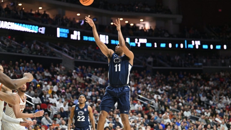 Mar 18, 2023; Des Moines, IA, USA;  Penn State Nittany Lions guard Seth Lundy (1) shoots the ball against the Texas Longhorns during the first half at Wells Fargo Arena. Mandatory Credit: Jeffrey Becker-USA TODAY Sports