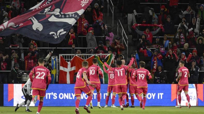 Mar 18, 2023; St. Louis, Missouri, USA; St. Louis City SC celebrate a goal from St. Louis City SC forward Klauss (9) against the San Jose Earthquakes during the first half at CITYPARK. Mandatory Credit: Jeff Le-USA TODAY Sports