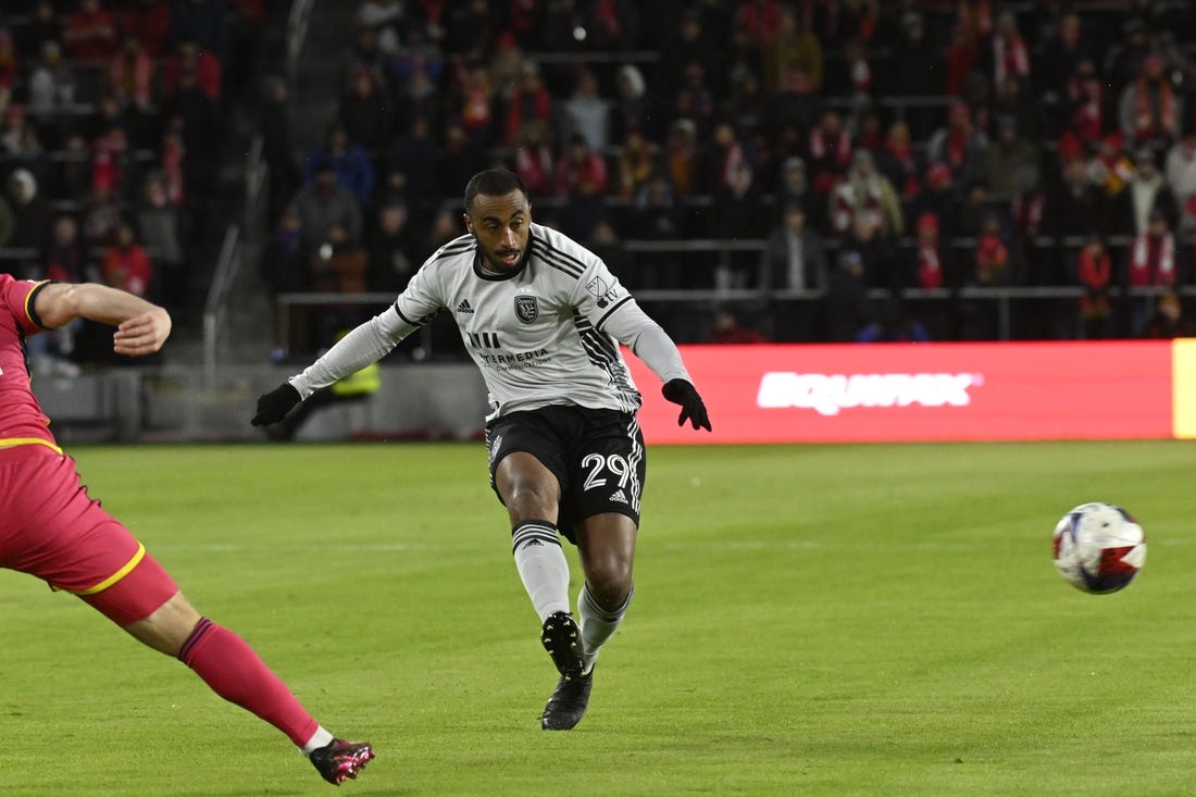 Mar 18, 2023; St. Louis, Missouri, USA; San Jose Earthquakes defender Carlos Akapo (29) shoots the ball against the St. Louis City SC during the first half at CITYPARK. Mandatory Credit: Jeff Le-USA TODAY Sports
