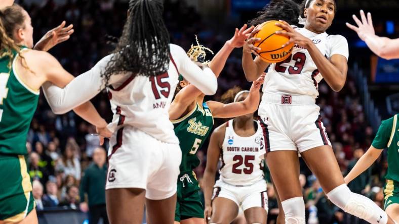 Mar 19, 2023; Columbia, SC, USA; South Carolina Gamecocks guard Bree Hall (23) grabs a rebound against the South Florida Bulls in the second half of South Carolina Gamecocks 76-45 victory at Colonial Life Arena, advancing them to the Sweet 16. Mandatory Credit: Jeff Blake-USA TODAY Sports