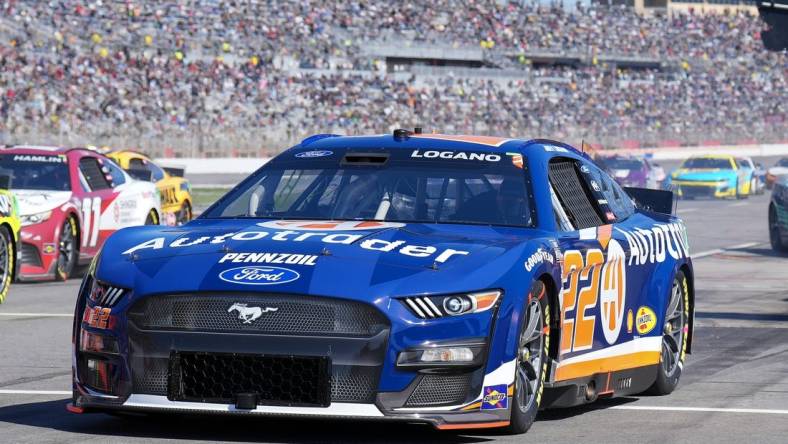 Mar 19, 2023; Hampton, Georgia, USA; NASCAR Cup Series driver Joey Logano (22) leaves pit road after service at Atlanta Motor Speedway. Mandatory Credit: David Yeazell-USA TODAY Sports