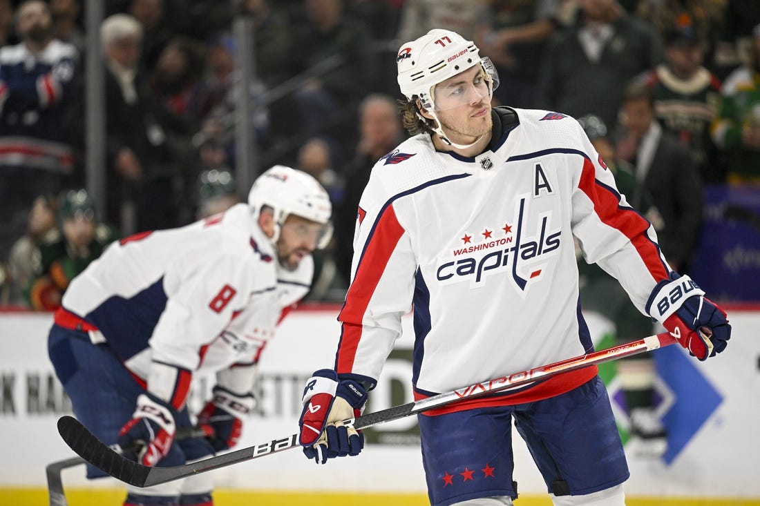 Mar 19, 2023; Saint Paul, Minnesota, USA; Washington Capitals forward T.J. Oshie (77) heads to the face-off circle against the Minnesota Wild during the third period at Xcel Energy Center. Mandatory Credit: Nick Wosika-USA TODAY Sports