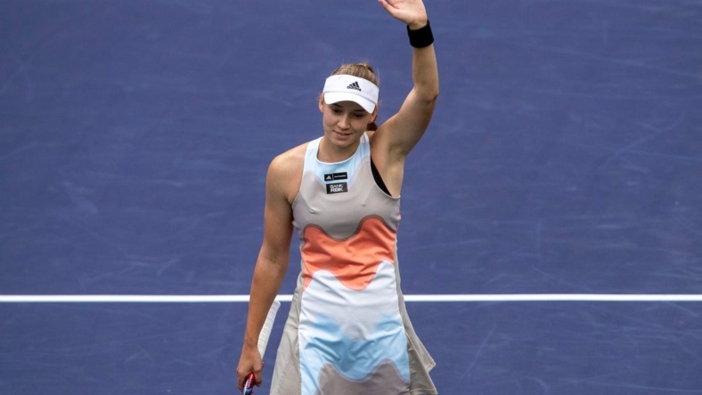 Elena Rybakina of Kazakhstan waves to fans after defeating Aryna Sabalenka of Belarus in the women's singles final of the BNP Paribas Open at the Indian Wells Tennis Garden in Indian Wells, Calif., Sunday, March 19, 2023.