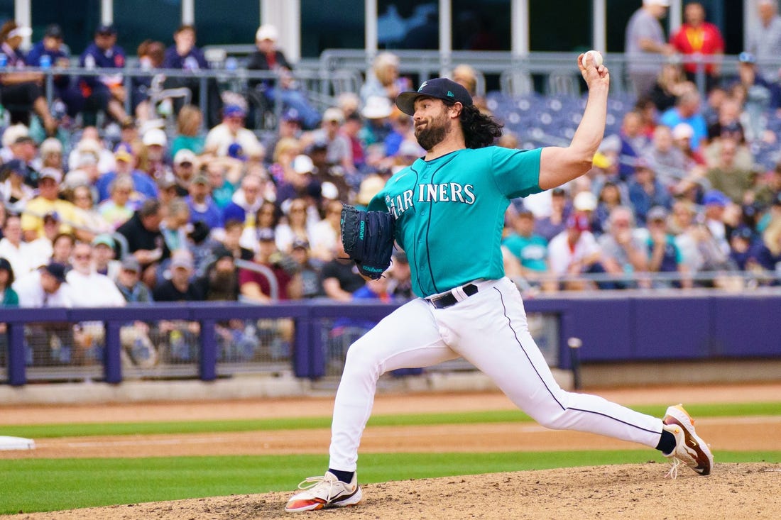 Mar 19, 2023; Peoria, Arizona, USA;  Seattle Mariners pitcher Robbie Ray (38) on the mound in the fifth inning during a spring training game against the Chicago White Sox at Peoria Sports Complex. Mandatory Credit: Allan Henry-USA TODAY Sports
