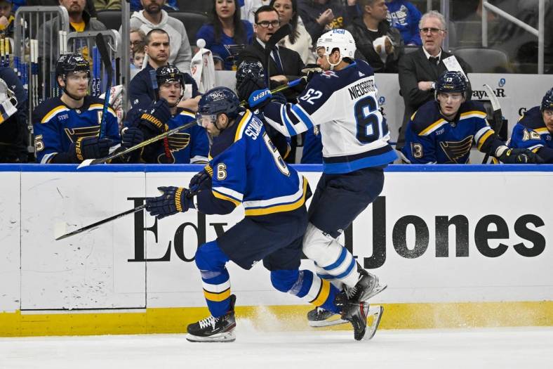 Mar 19, 2023; St. Louis, Missouri, USA;  St. Louis Blues defenseman Marco Scandella (6) skates against Winnipeg Jets right wing Nino Niederreiter (62) during the first period  at Enterprise Center. Mandatory Credit: Jeff Curry-USA TODAY Sports