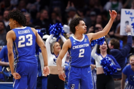 Mar 19, 2023; Denver, CO, USA; Creighton Bluejays guard Ryan Nembhard (2) and guard Trey Alexander (23) celebrate in the second half against the Baylor Bears at Ball Arena. Mandatory Credit: Michael Ciaglo-USA TODAY Sports