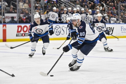 Mar 19, 2023; St. Louis, Missouri, USA;  Winnipeg Jets left wing Pierre-Luc Dubois (80) controls the puck against the St. Louis Blues during the third period at Enterprise Center. Mandatory Credit: Jeff Curry-USA TODAY Sports