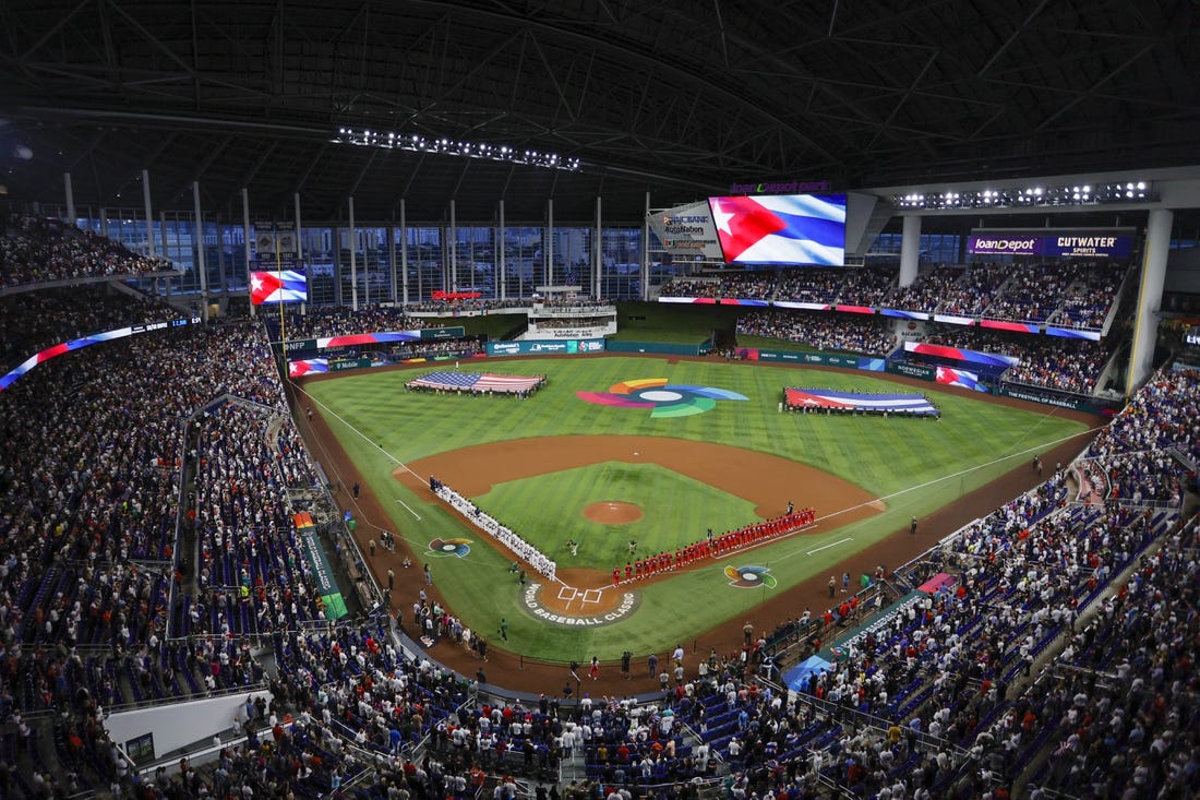 Mar 19, 2023; Miami, Florida, USA; USA hosts Cuba during the semifinal game of the World Baseball Classic at LoanDepot Park. Mandatory Credit: Sam Navarro-USA TODAY Sports