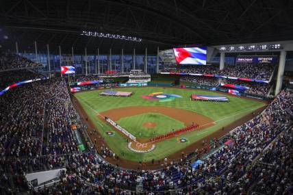 Mar 19, 2023; Miami, Florida, USA; USA hosts Cuba during the semifinal game of the World Baseball Classic at LoanDepot Park. Mandatory Credit: Sam Navarro-USA TODAY Sports