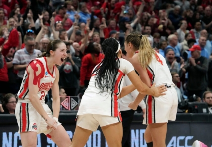 Mar 20, 2023; Columbus, OH, USA; Ohio State Buckeyes guard Taylor Mikesell (24) celebrates with Ohio State Buckeyes guard Jacy Sheldon (4) and Ohio State Buckeyes guard Kaitlyn Costner (20) after beating North Carolina Tar Heels 71-69 during the NCAA second round game at Value City Arena.

Ceb Wbk Ncaa Unc At Osu Kwr 40