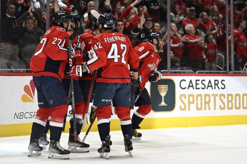 Mar 21, 2023; Washington, District of Columbia, USA; Washington Capitals left wing Alex Ovechkin (8) reacts after scoring a goal against the Columbus Blue Jackets during the first period at Capital One Arena. Mandatory Credit: Brad Mills-USA TODAY Sports
