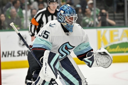 Mar 21, 2023; Dallas, Texas, USA; Seattle Kraken goaltender Joey Daccord (35) faces the Dallas Stars attack during the second period at the American Airlines Center. Mandatory Credit: Jerome Miron-USA TODAY Sports