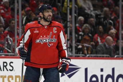 Mar 21, 2023; Washington, District of Columbia, USA; Washington Capitals left wing Alex Ovechkin (8) on the ice against the Columbus Blue Jackets during the first period at Capital One Arena. Mandatory Credit: Brad Mills-USA TODAY Sports