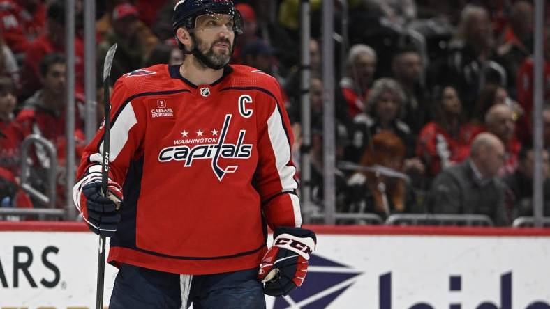 Mar 21, 2023; Washington, District of Columbia, USA; Washington Capitals left wing Alex Ovechkin (8) on the ice against the Columbus Blue Jackets during the first period at Capital One Arena. Mandatory Credit: Brad Mills-USA TODAY Sports