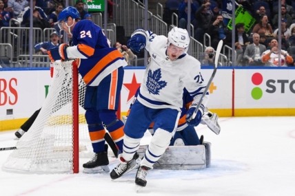 Mar 21, 2023; Elmont, New York, USA;  Toronto Maple Leafs center Sam Lafferty (28) celebrates his goal against New York Islanders during the first period at UBS Arena. Mandatory Credit: Dennis Schneidler-USA TODAY Sports