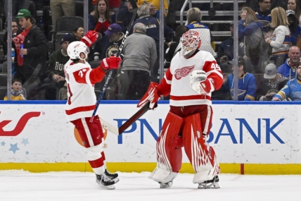 Mar 21, 2023; St. Louis, Missouri, USA;  Detroit Red Wings goaltender Magnus Hellberg (45) and center Dylan Larkin (71) celebrate after the Red Wings defeated the St. Louis Blues in shootouts at Enterprise Center. Mandatory Credit: Jeff Curry-USA TODAY Sports