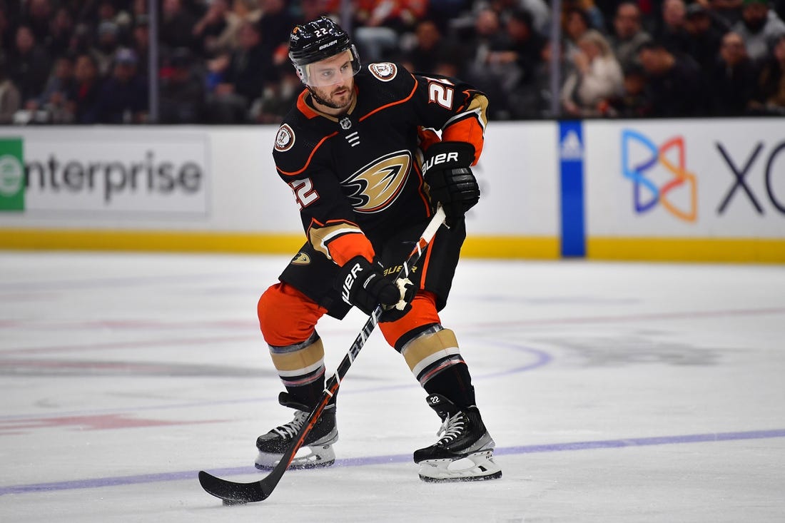Mar 21, 2023; Anaheim, California, USA; Anaheim Ducks defenseman Kevin Shattenkirk (22). controls the puck against the Calgary Flames during the second period at Honda Center. Mandatory Credit: Gary A. Vasquez-USA TODAY Sports