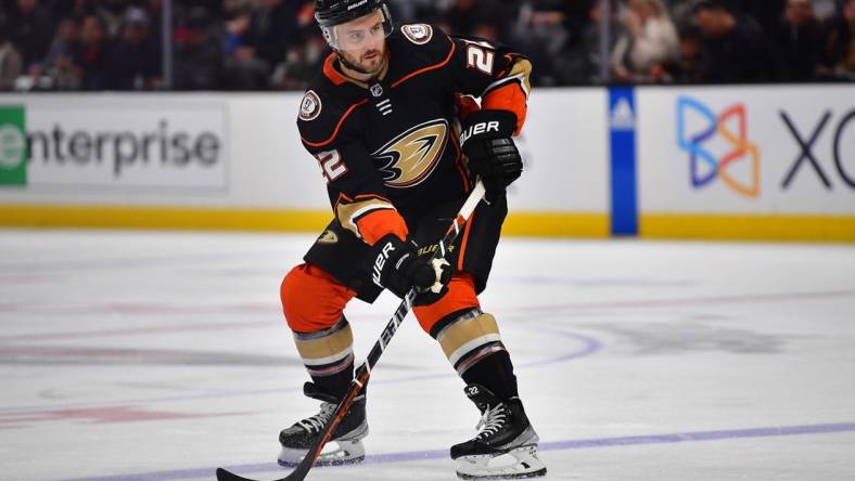 Mar 21, 2023; Anaheim, California, USA; Anaheim Ducks defenseman Kevin Shattenkirk (22). controls the puck against the Calgary Flames during the second period at Honda Center. Mandatory Credit: Gary A. Vasquez-USA TODAY Sports