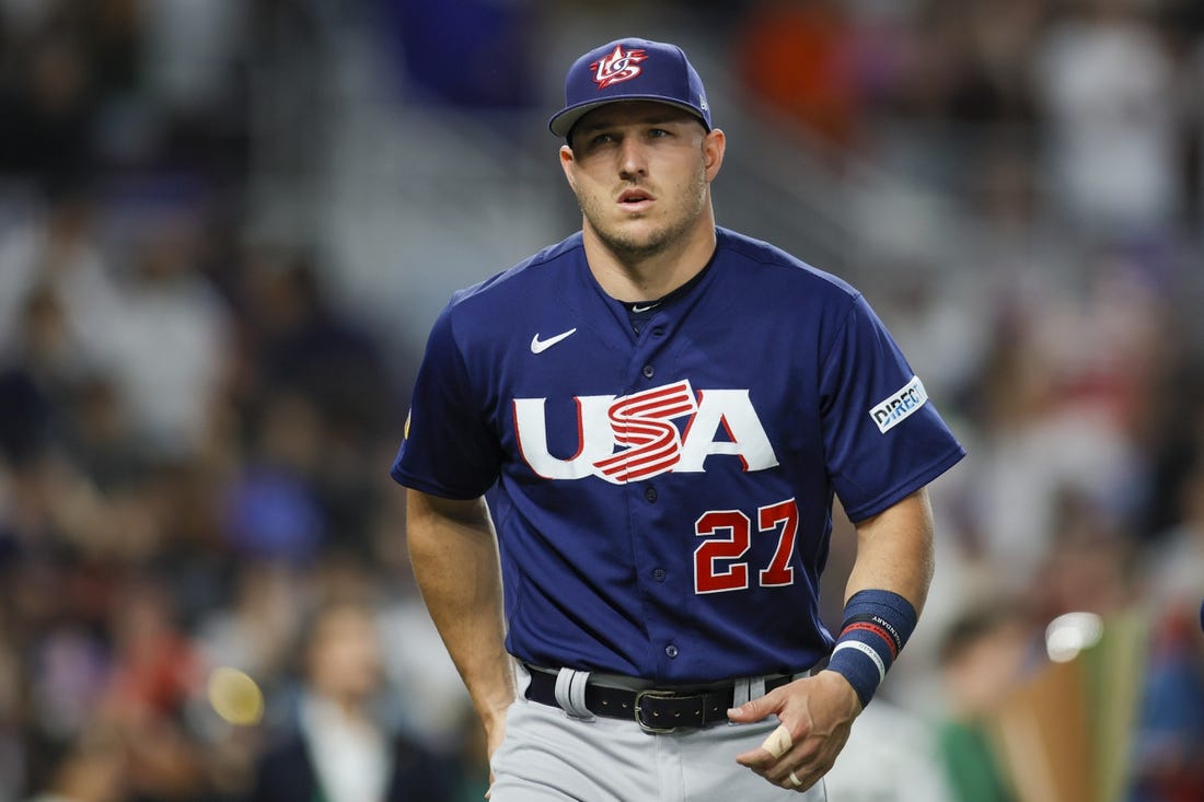 Mar 21, 2023; Miami, Florida, USA; USA center fielder Mike Trout (27) looks on prior to the game against Japan at LoanDepot Park. Mandatory Credit: Sam Navarro-USA TODAY Sports