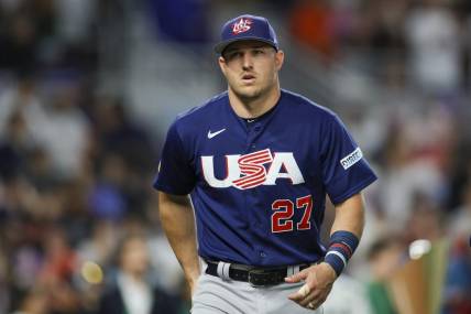 Mar 21, 2023; Miami, Florida, USA; USA center fielder Mike Trout (27) looks on prior to the game against Japan at LoanDepot Park. Mandatory Credit: Sam Navarro-USA TODAY Sports
