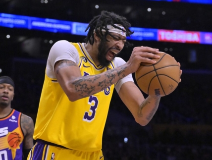 Mar 22, 2023; Los Angeles, California, USA;   Los Angeles Lakers forward Anthony Davis (3) reacts after he was called for a foul in the second half against the Phoenix Suns at Crypto.com Arena. Mandatory Credit: Jayne Kamin-Oncea-USA TODAY Sports