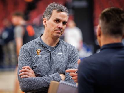 Mar 23, 2023; Louisville, KY, USA; Princeton Tigers head coach Mitch Henderson has a discussion during practice for the NCAA Tournament South Regional game at KFC YUM! Center. Mandatory Credit: Jordan Prather-USA TODAY Sports