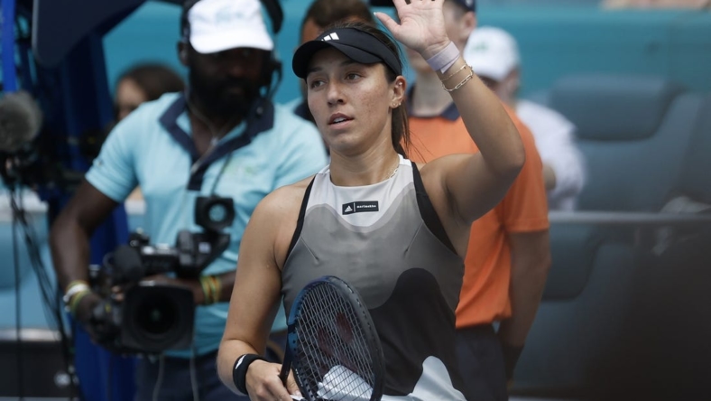 Mar 23, 2023; Miami, Florida, US; Jessica Pegula (USA) waves to the crowd after her match against Katherine Sebov (CAN) (not pictured) on day four of the Miami Open at Hard Rock Stadium. Mandatory Credit: Geoff Burke-USA TODAY Sports