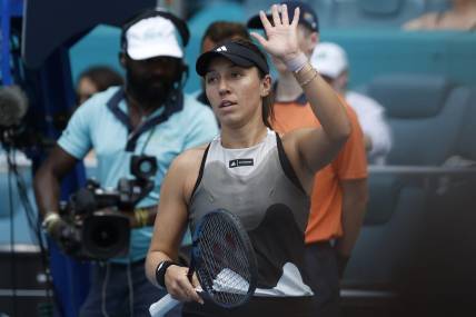 Mar 23, 2023; Miami, Florida, US; Jessica Pegula (USA) waves to the crowd after her match against Katherine Sebov (CAN) (not pictured) on day four of the Miami Open at Hard Rock Stadium. Mandatory Credit: Geoff Burke-USA TODAY Sports
