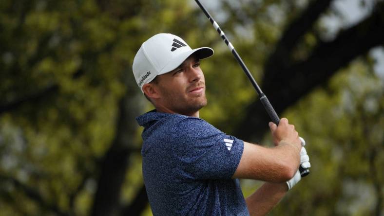 Mar 22, 2023; Austin, Texas, USA; Aaron Wise tees off during the first round of the World Golf Championships-Dell Technologies Match Play golf tournament. Mandatory Credit: Dustin Safranek-USA TODAY Sports