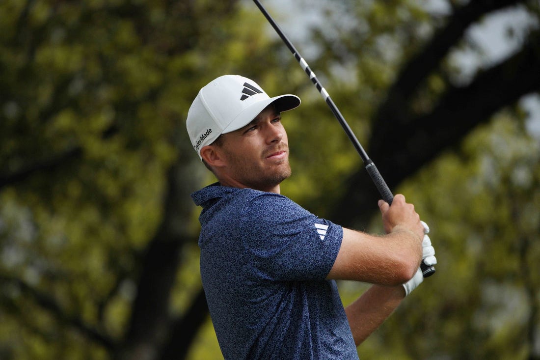Mar 22, 2023; Austin, Texas, USA; Aaron Wise tees off during the first round of the World Golf Championships-Dell Technologies Match Play golf tournament. Mandatory Credit: Dustin Safranek-USA TODAY Sports