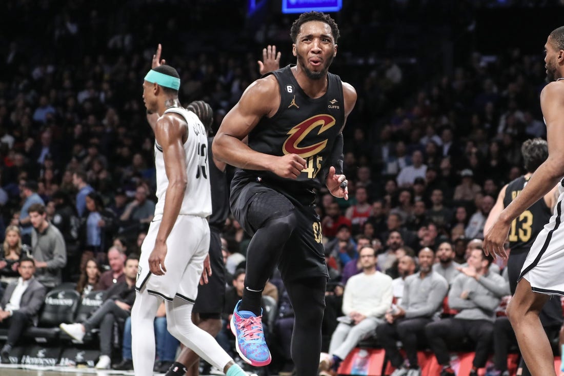 Mar 23, 2023; Brooklyn, New York, USA;  Cleveland Cavaliers guard Donovan Mitchell (45) reacts after being called for a foul in the third quarter against the Brooklyn Nets at Barclays Center. Mandatory Credit: Wendell Cruz-USA TODAY Sports