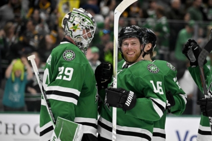 Mar 23, 2023; Dallas, Texas, USA; Dallas Stars goaltender Jake Oettinger (29) and center Joe Pavelski (16) celebrate the victory over the Pittsburgh Penguins at the American Airlines Center. Mandatory Credit: Jerome Miron-USA TODAY Sports