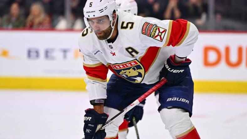 Mar 21, 2023; Philadelphia, Pennsylvania, USA; Florida Panthers defenseman Aaron Ekblad (5) looks on against the Philadelphia Flyers in the first period at Wells Fargo Center. Mandatory Credit: Kyle Ross-USA TODAY Sports