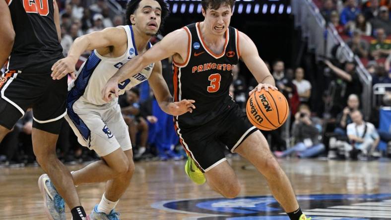 Mar 24, 2023; Louisville, KY, USA; Princeton Tigers guard Ryan Langborg (3) dribbles against Creighton Bluejays guard Ryan Nembhard (2) during the second half of the NCAA tournament round of sixteen at KFC YUM! Center. Mandatory Credit: Jamie Rhodes-USA TODAY Sports