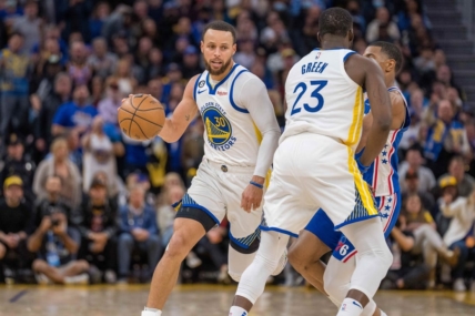 Mar 24, 2023; San Francisco, California, USA;  Golden State Warriors guard Stephen Curry (30) dribbles the basketball against the Philadelphia 76ers in the fourth quarter at Chase Center. Mandatory Credit: Neville E. Guard-USA TODAY Sports
